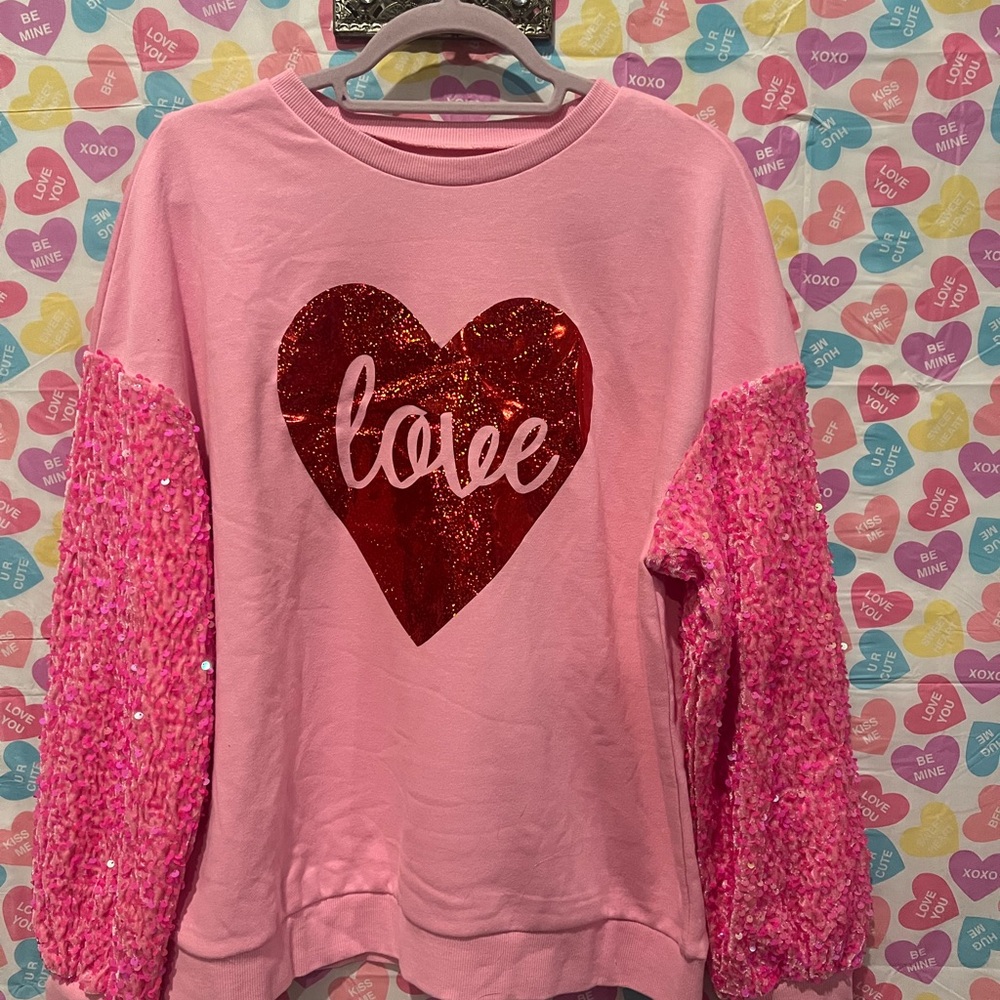 Pink valentines long sleeve, red love heart sparkle, pink sequin sleeves